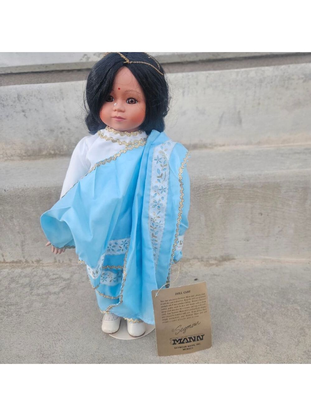 Seymour Mann Porcelain Doll One Size Blue White Saree Collectible, 15"